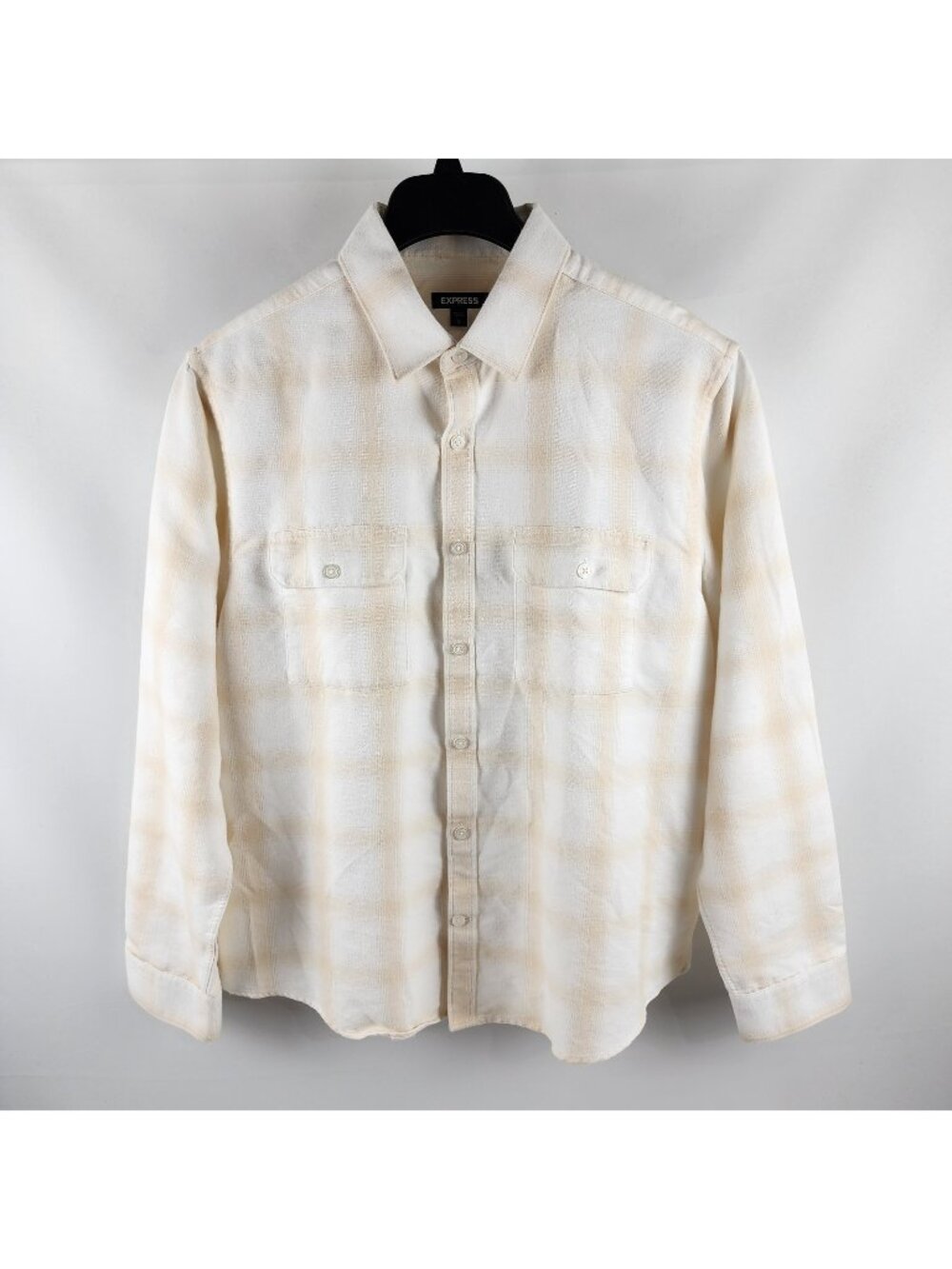 Express Shirt Mens Large Cream Check L/S Button Up Dual Chest Flap Pockets